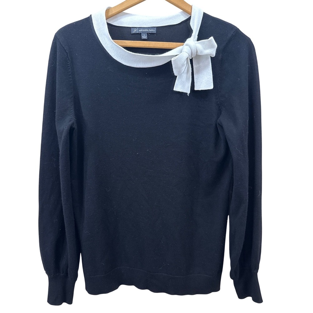 Adrianna Papell Black White Bow Neck Knit Sweater Small Soft Girl Career Coquett